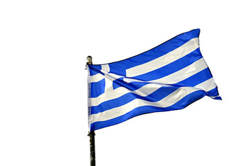 Greek flag waving on mast, PNG with transparent background. Iconic Greek symbol, ideal for design, marketing, and digital projects.