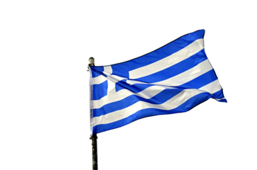 Greek flag waving on mast, PNG with transparent background. Iconic Greek symbol, ideal for design, marketing, and digital projects.