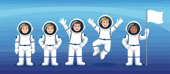 A cheerful group of astronauts poses confidently in their space suits, celebrating human achievement and exploration with excitement and camaraderie in outer space. © Liutao