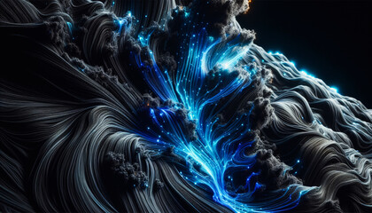 Abstract organic structure with turquoise glowing veins and soft smoke textures