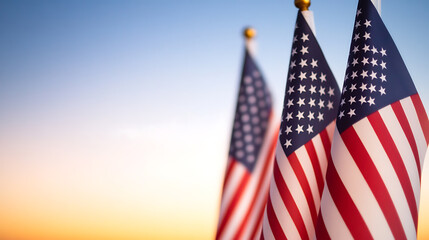 Fototapeta premium United States flags wave proudly against a backdrop of gradient skies, symbolizing patriotism and national pride. Stars and stripes stand for freedom & unity. #USA