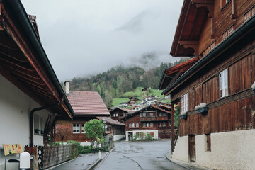 Obraz premium Traditional Wooden Houses in a Charming Alpine Village with Misty Mountains and Lush Forests in the Background on a Cloudy Day.