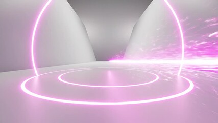 Dynamic futuristic tunnel with vibrant neon pink light ring on the floor and energetic particle streaks creating an abstract glowing portal effect ideal for modern technology backgrounds virtual real. - Powered by Adobe