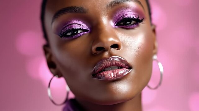 A close up of a woman's face with purple makeup
