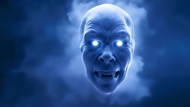 A creepy looking ghost face in the dark with blue eyes