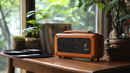 Retro inspired portable speaker with leather accents on a wooden coffee table surrounded by vinyl records and vintage dcor giving a cozy nostalgic feel