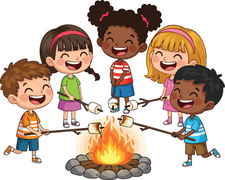 A group of diverse cartoon children roasting marshmallows over a campfire with a cute dragon in the background, conveying a joyful and playful mood.