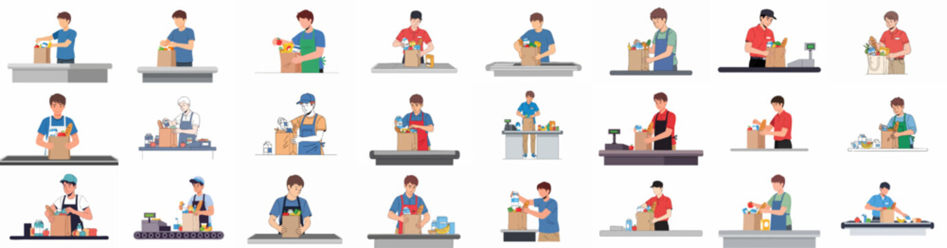 Collection of vector illustrations showing young men working as grocery baggers, packing food items at the supermarket checkout station.