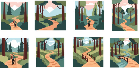Scenic Forest Path Illustration Set with Walking Trails in Calm Nature Environment