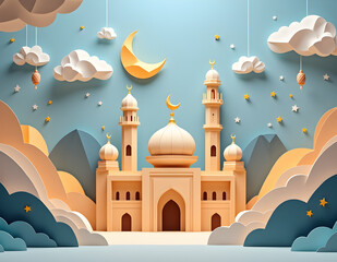 Mosque and crescent moon for eid mubarak concept with origami view