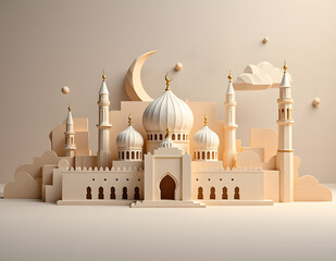 Mosque and crescent moon for eid mubarak concept with origami view