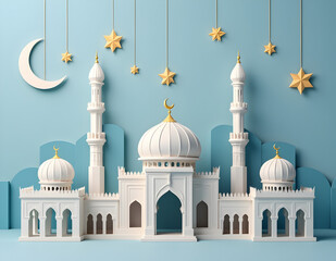 Mosque and crescent moon for eid mubarak concept with origami view