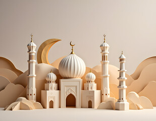 Mosque and crescent moon for eid mubarak concept with origami view