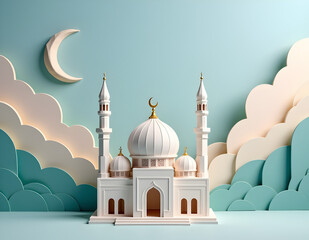 Mosque and crescent moon for eid mubarak concept with origami view