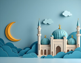 Mosque and crescent moon for eid mubarak concept with origami view