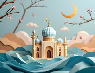 Mosque and crescent moon for eid mubarak concept with origami view