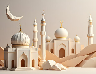 Mosque and crescent moon for eid mubarak concept with origami view