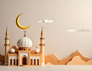 Mosque and crescent moon for eid mubarak concept with origami view