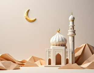 Mosque and crescent moon for eid mubarak concept with origami view