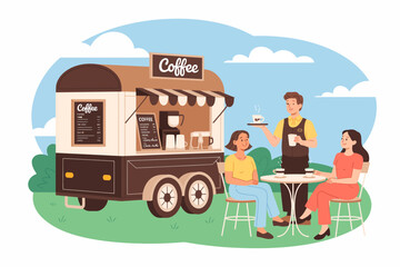 A vibrant coffee stand captures joyful customers enjoying their drinks, symbolizing social interaction, community, and the daily rituals of coffee culture in a cheerful setting.