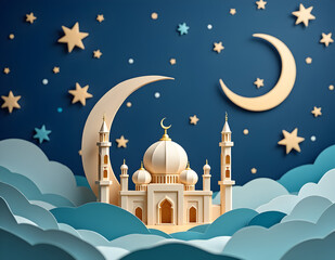 Mosque and crescent moon for eid mubarak concept with origami view