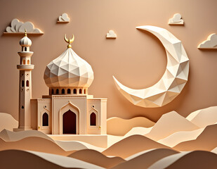Mosque and crescent moon for eid mubarak concept with origami view