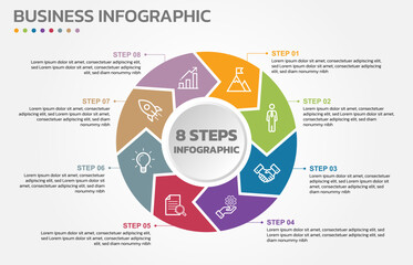 Visual data presentation. Cycle diagram with 8 options. Pie Chart Circle infographic template with 8 steps, options, parts, segments. Business concept. Marketing infographic vector illustration.
