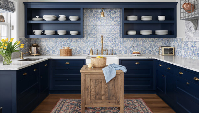 Charming navy blue kitchen with patterned backsplash and wooden island, AI generated image