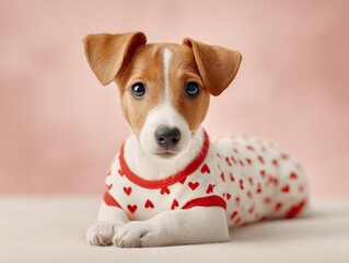 Adorable Jack Russell Terrier puppy wearing a white shirt with red hearts for Valentine's Day. Cute pet dog portrait on a soft pink background, perfect for love, romantic holiday, and gift themes.