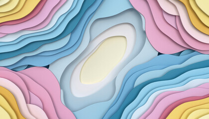 Abstract paper cut art background with colorful pastel wavy layers. 3D paper craft style texture with pink, blue, and yellow curves. Minimalist design with copy space.
