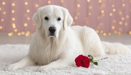 Adorable white golden retriever dog lying on a soft rug with a red rose for valentine holiday celebration. Romantic pet portrait with bokeh lights background for love and gift concept design.