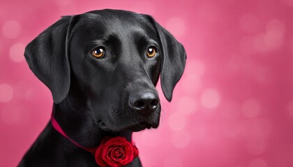 Adorable Black Labrador Dog Portrait for Valentine's Day with Red Rose Collar on Romantic Pink Bokeh Background, Cute Pet Animal Love Concept for Holiday Gift Greeting Card and Celebration