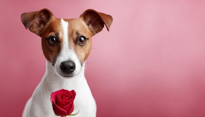 adorable jack russell terrier dog holding a red rose flower for valentine day celebration on pink background romantic pet portrait for love greeting card and holiday gift concept with copy space