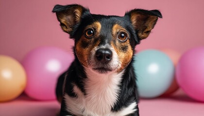 Adorable tricolor dog celebrating valentine holiday with colorful balloons on pink background, cute pet animal portrait for love gift and romantic greeting card design with copy space
