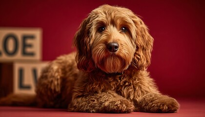 Cute brown cockapoo dog sitting against a red background for Valentine's Day. Romantic holiday pet portrait with wooden love blocks. Adorable animal gift concept for a sweet celebration of love.