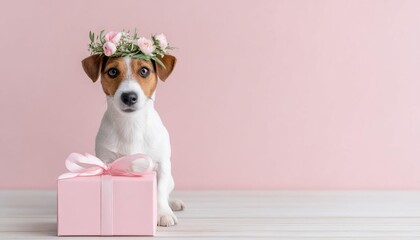 Cute Jack Russell Terrier dog wearing a floral crown sitting next to a pink gift box on a romantic Valentine's Day background perfect for love holiday animal pet and greeting card concepts.