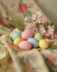 Colorful easter eggs in a floral basket
