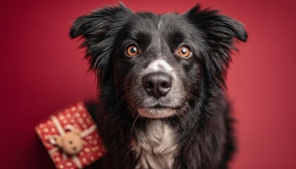 Adorable Border Collie dog celebrating Valentine's Day with a cute gift box on a vibrant red background. This romantic holiday pet portrait love and friendship with sweet animal friend.