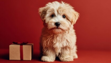 Adorable fluffy puppy sitting next to a small gift box on a vibrant red background for valentine love holiday celebration romantic pet portrait with cute canine and festive present box.