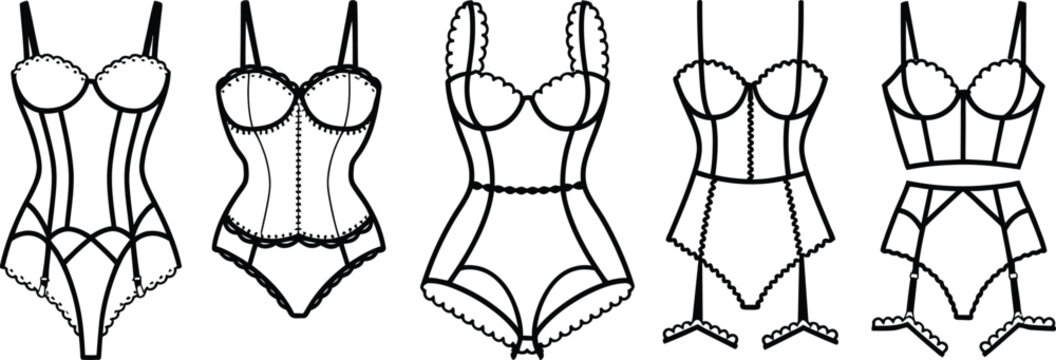 Hand Drawn Lingerie Vector Set: Corset, Bodysuit, and Underwear Line Art Collection