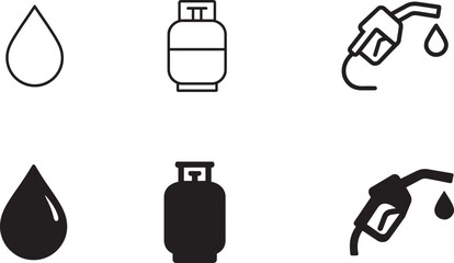 Silhouette fuel icon set vector EPS. Gas, petrol, diesel symbols in black for energy and transport.