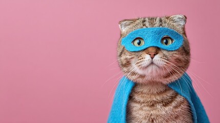 A cute tabby cat transforms into a feline superhero with a vibrant blue mask and cape