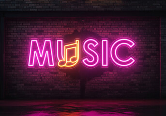 Obraz premium Vibrant pink neon Music sign with note on dark brick wall club entrance.