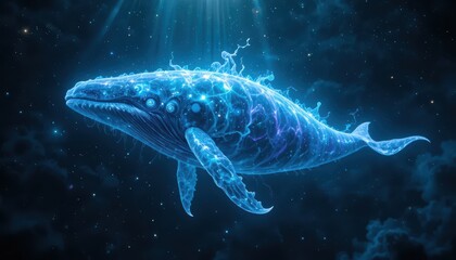 Majestic bioluminescent humpback whale swimming through a deep blue starry cosmic nebula