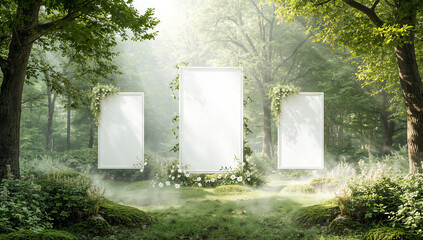 a fantasy outdoor exhibition in a pristine dreamlike forest with three floating vertical frames glowing soft white, surrounded by moss, vines, and gentle flowers, misty air and cinematic light magical