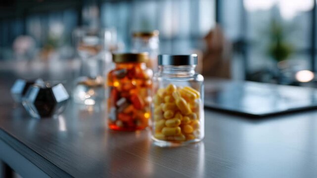 Supplements in glass bottles on a table with hand reaching for one