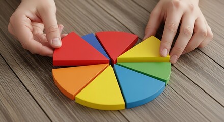 Hands assembling a colorful pie chart made of wooden pieces on a wooden table, representing data and strategy