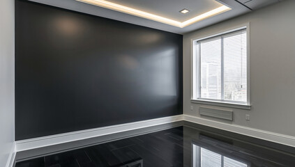 A modern empty room features a striking dark charcoal accent wall that contrasts with light gray walls and white trim. A white tray ceiling with warm cove lighting adds elegance. The dark, glossy hard