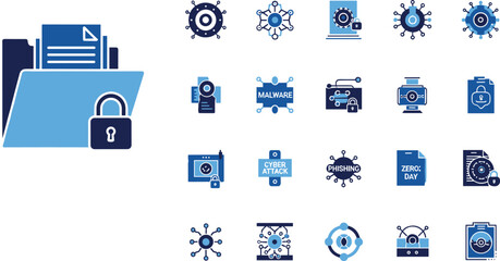 Cyber security threat icons set including malware phishing and zero day virus attacks vector illustration for data protection warning concept graphic