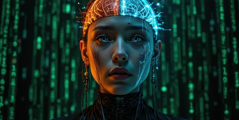 Cybernetic woman with glowing headband in front of green digital matrix background